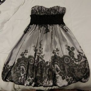 Silky grey and black strapless dress